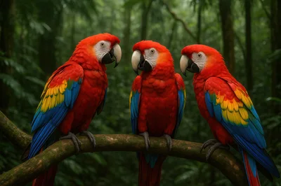 Three Scarlet Macaws Perched Together In Tropical Rainforest