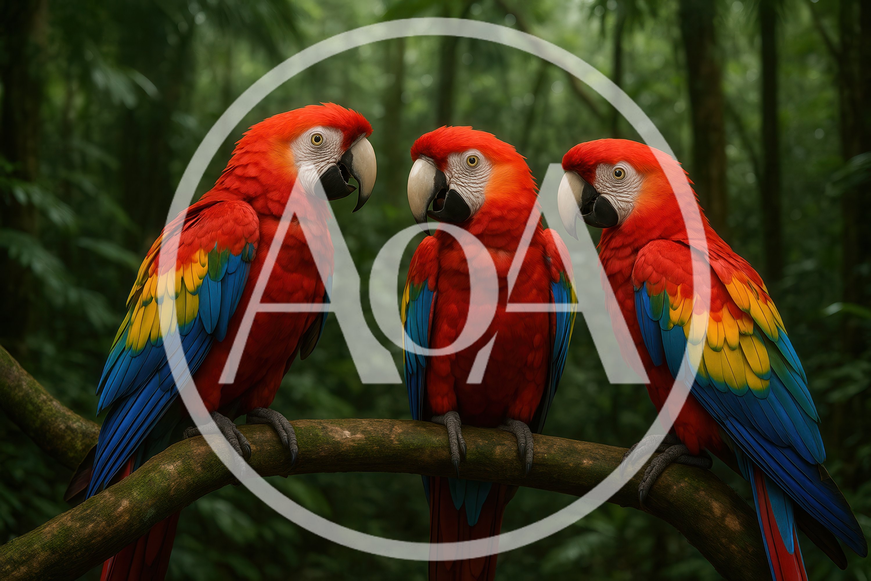 Three Scarlet Macaws Perched Together In Tropical Rainforest