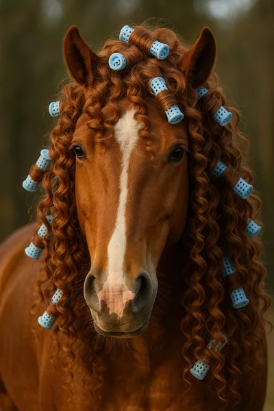 Horse With Curly Hair And Blue Hair Rollers