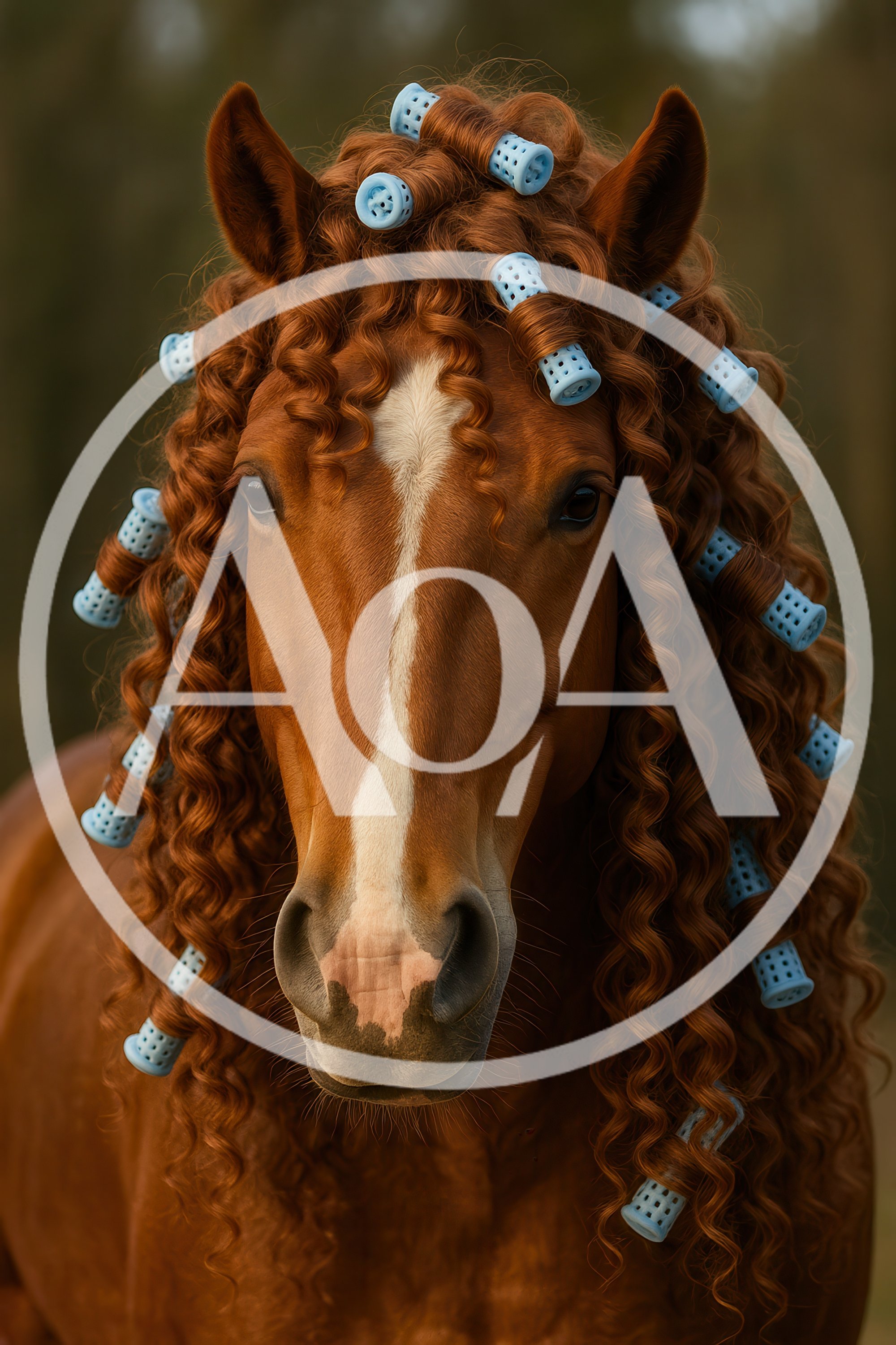 Horse With Curly Hair And Blue Hair Rollers