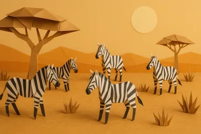 Origami Zebra Herd in Paper Savannah Landscape