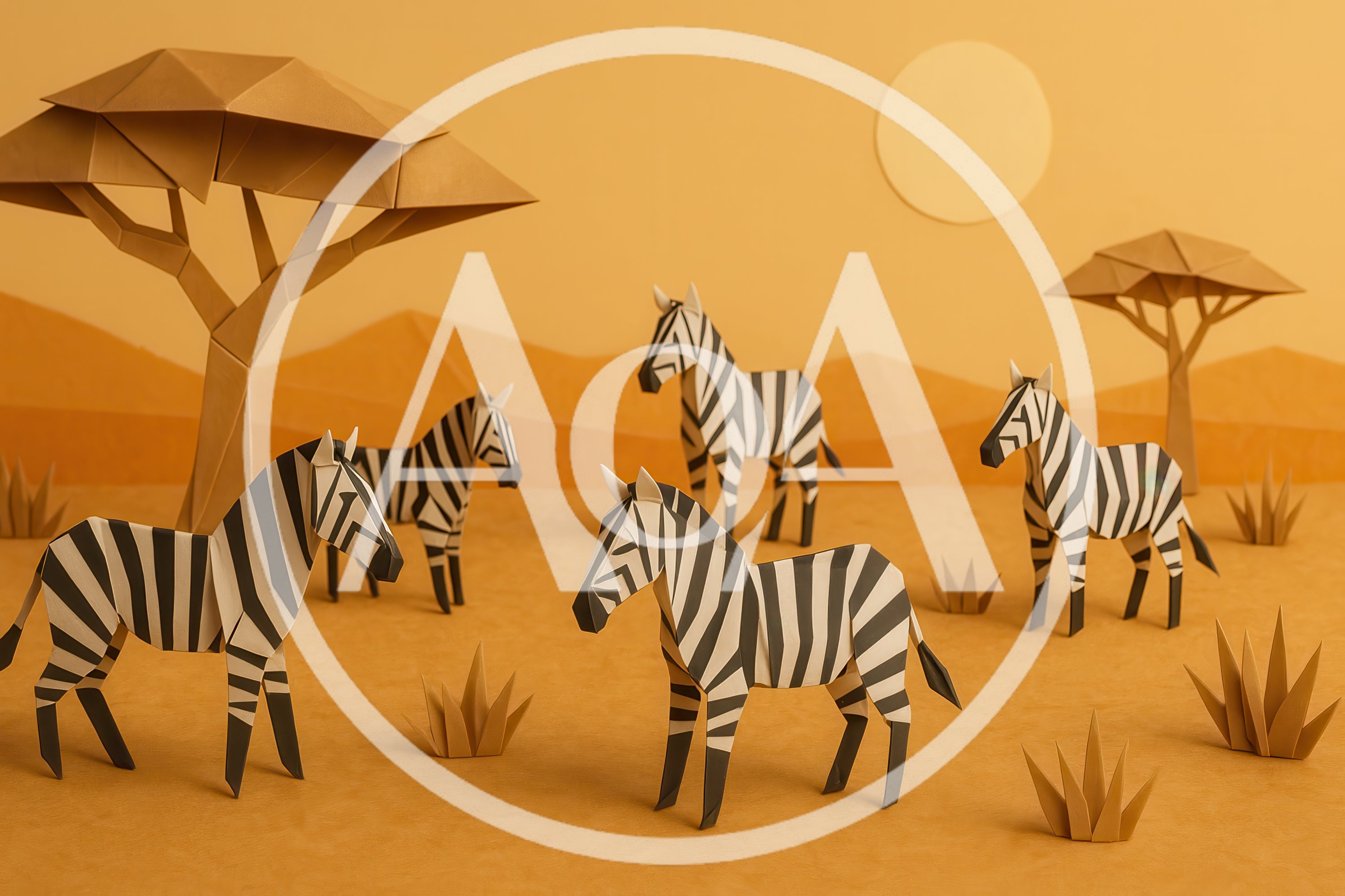 Origami Zebra Herd in Paper Savannah Landscape
