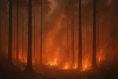 Intense Forest Fire Burning Through Dense Pine Woods
