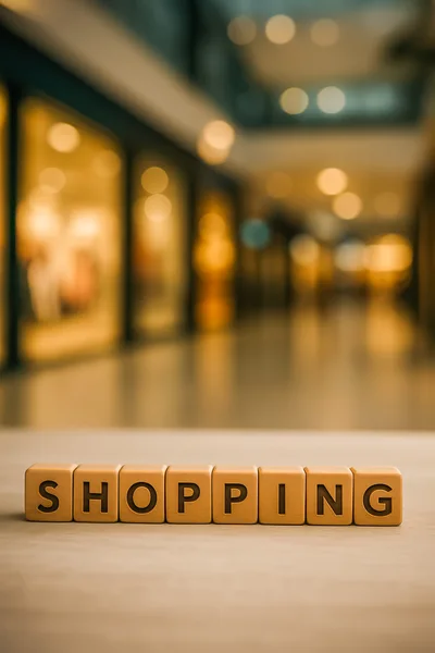 Wooden Blocks Spelling Shopping In A Blurred Mall