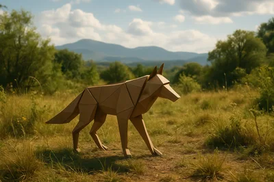 Cardboard Origami Wolf Sculpture In A Grassy Field