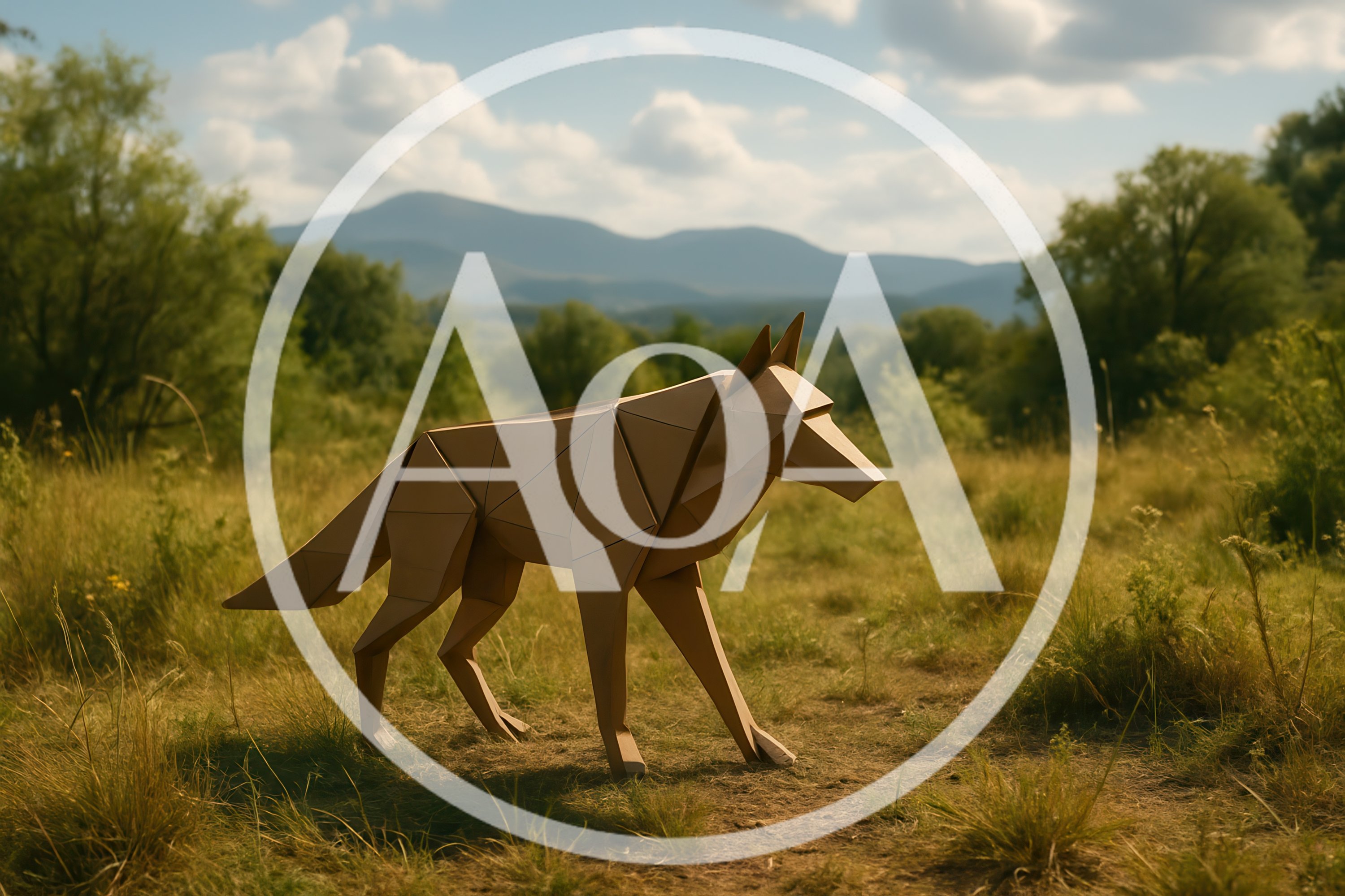Cardboard Origami Wolf Sculpture In A Grassy Field