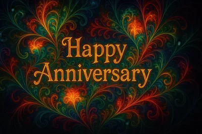 Happy Anniversary Text With Vibrant Fractal Floral Background