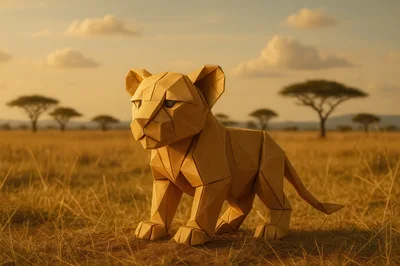 Origami Lion Cub Standing In African Savanna
