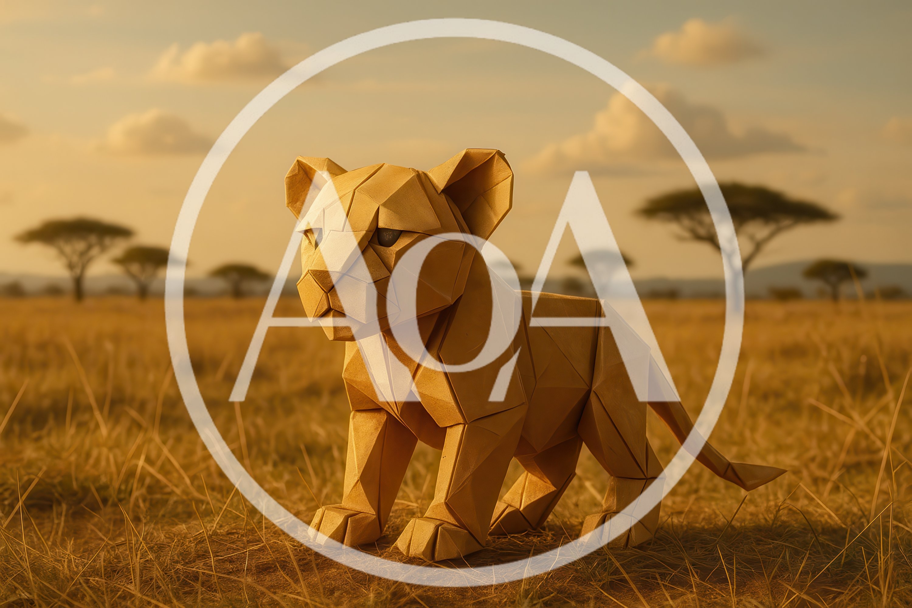 Origami Lion Cub Standing In African Savanna