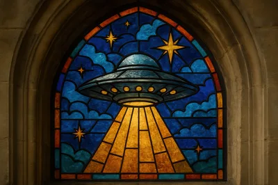 Stained Glass Window Featuring A Flying Saucer