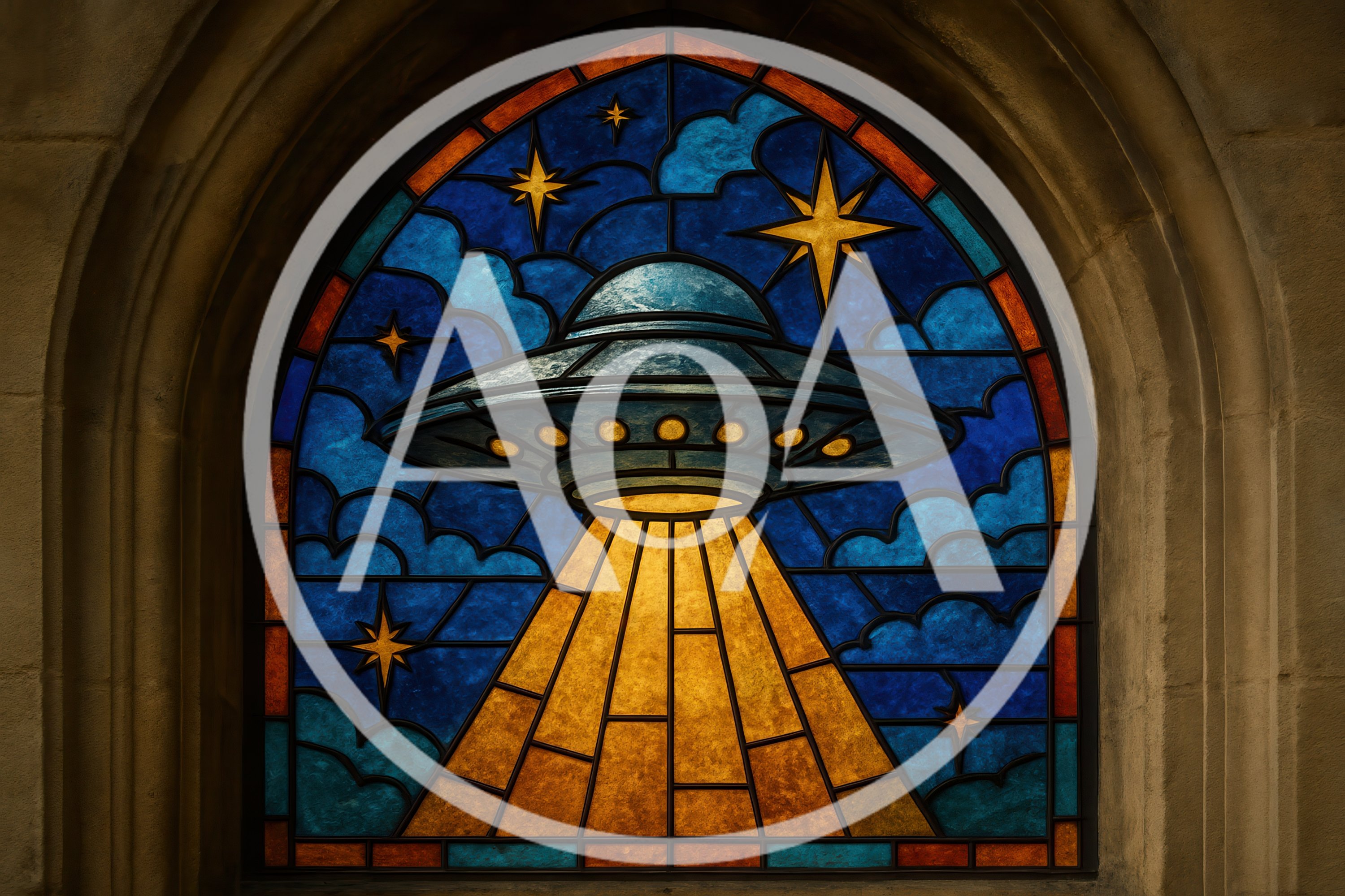 Stained Glass Window Featuring A Flying Saucer