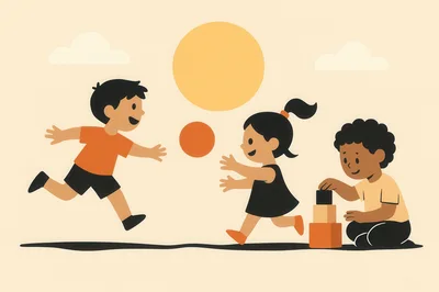 Children Playing Outdoors With Ball And Building Blocks