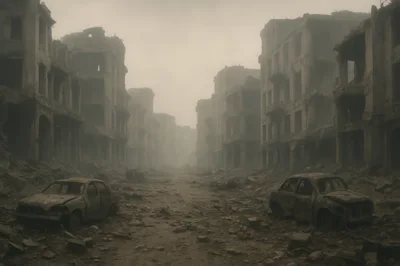 Ruined City Street With Abandoned Wrecked Cars