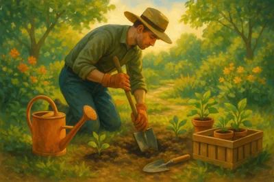 Gardener Planting Seedlings in a Sunny Garden