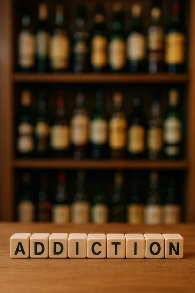 Wooden Blocks Spelling Addiction In Front Of Liquor Bottles