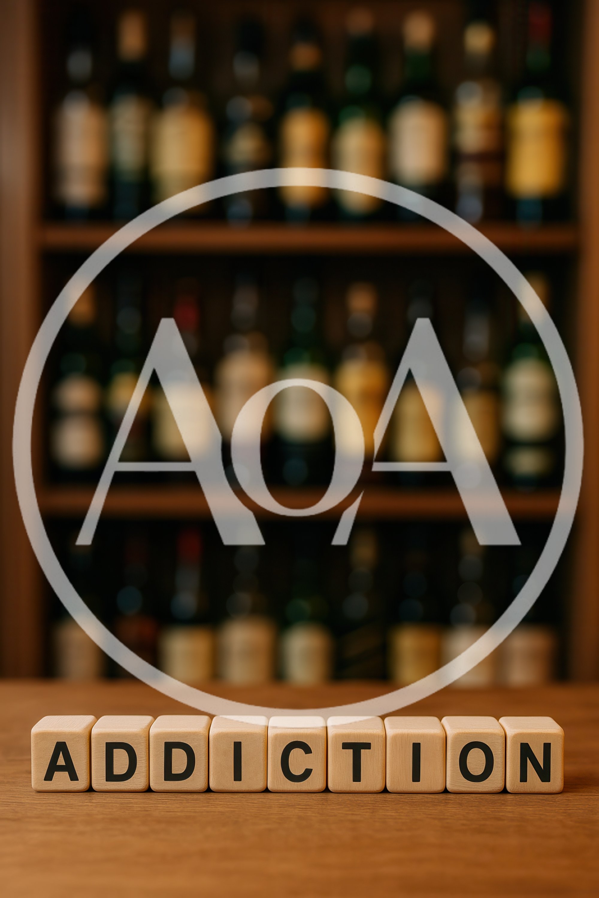 Wooden Blocks Spelling Addiction In Front Of Liquor Bottles