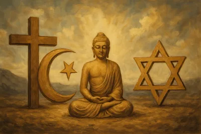 Golden Buddha Statue With Religious Symbols