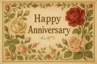 Vintage Floral Happy Anniversary Greeting Card Illustration