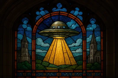 Stained Glass Window Depicting A UFO Above Churches