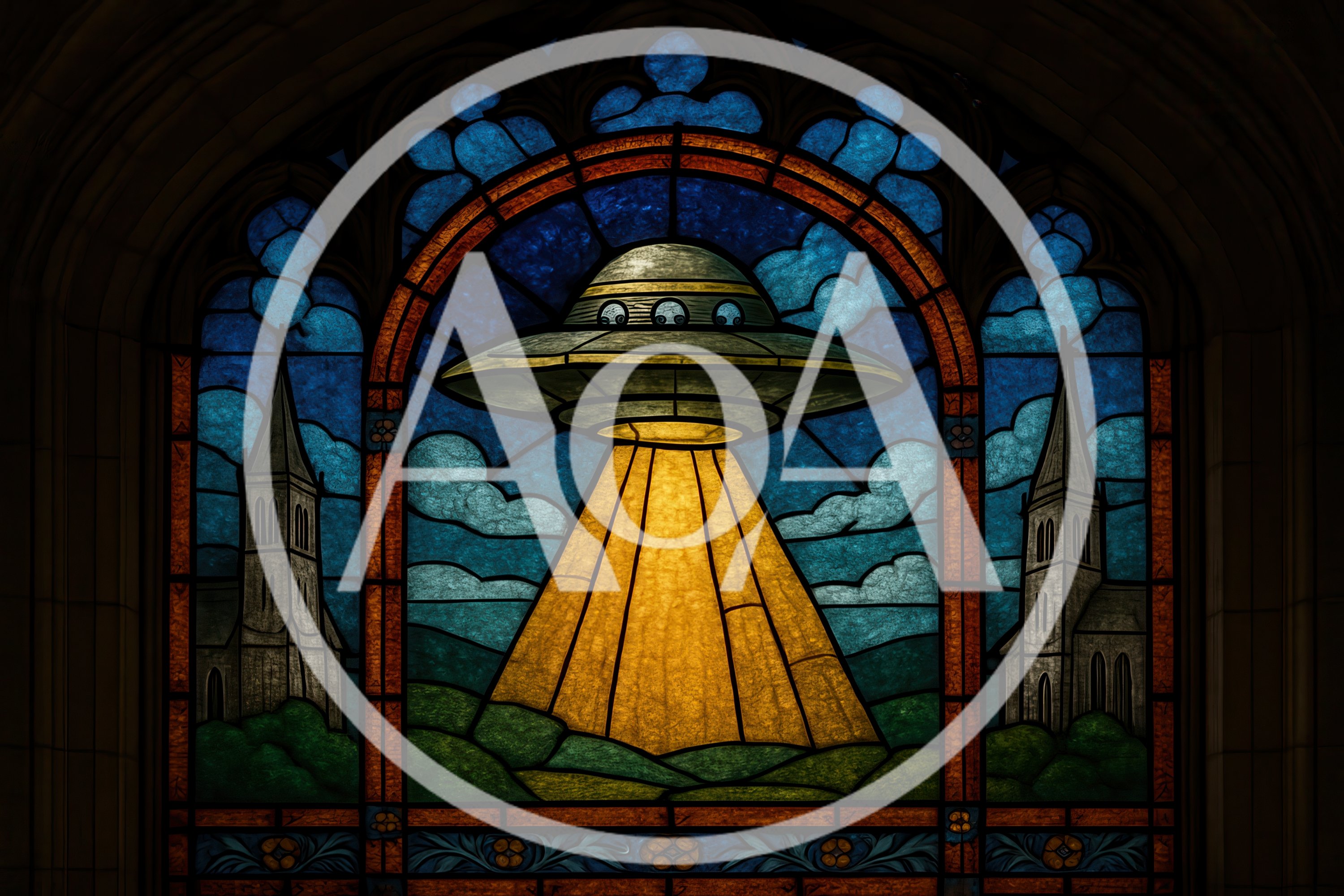 Stained Glass Window Depicting A UFO Above Churches