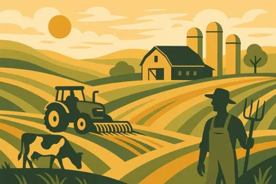 Farmer With Pitchfork And Tractor In Farm Field