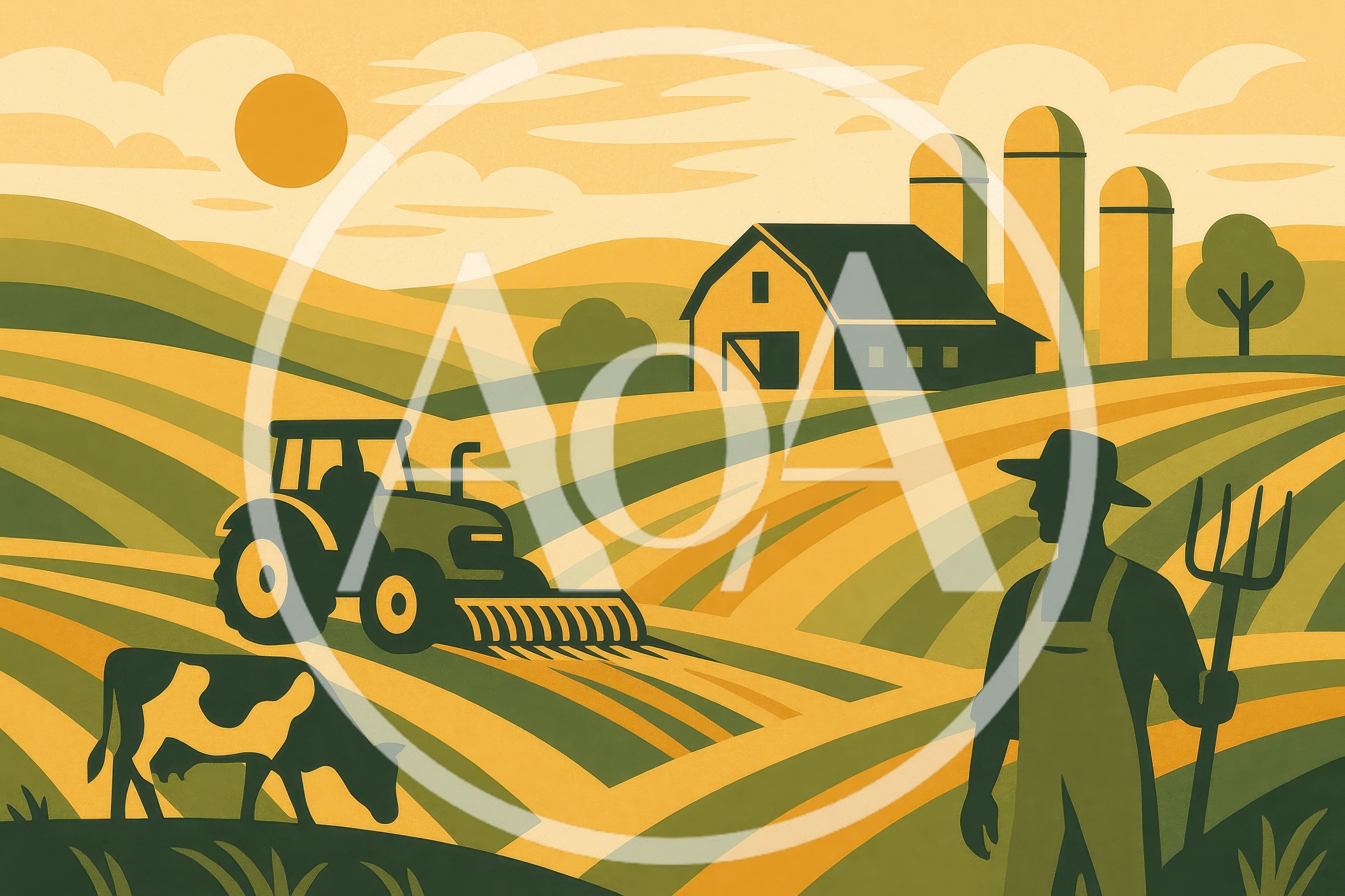 Farmer With Pitchfork And Tractor In Farm Field