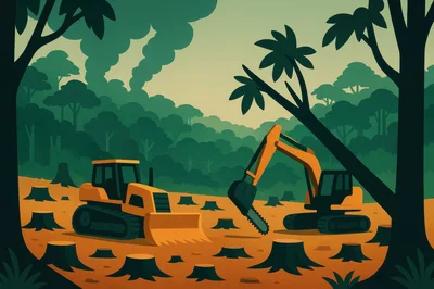 Deforestation With Heavy Machinery In Tropical Rainforest