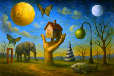 Surreal Painting Featuring A Giant Hand Holding A House