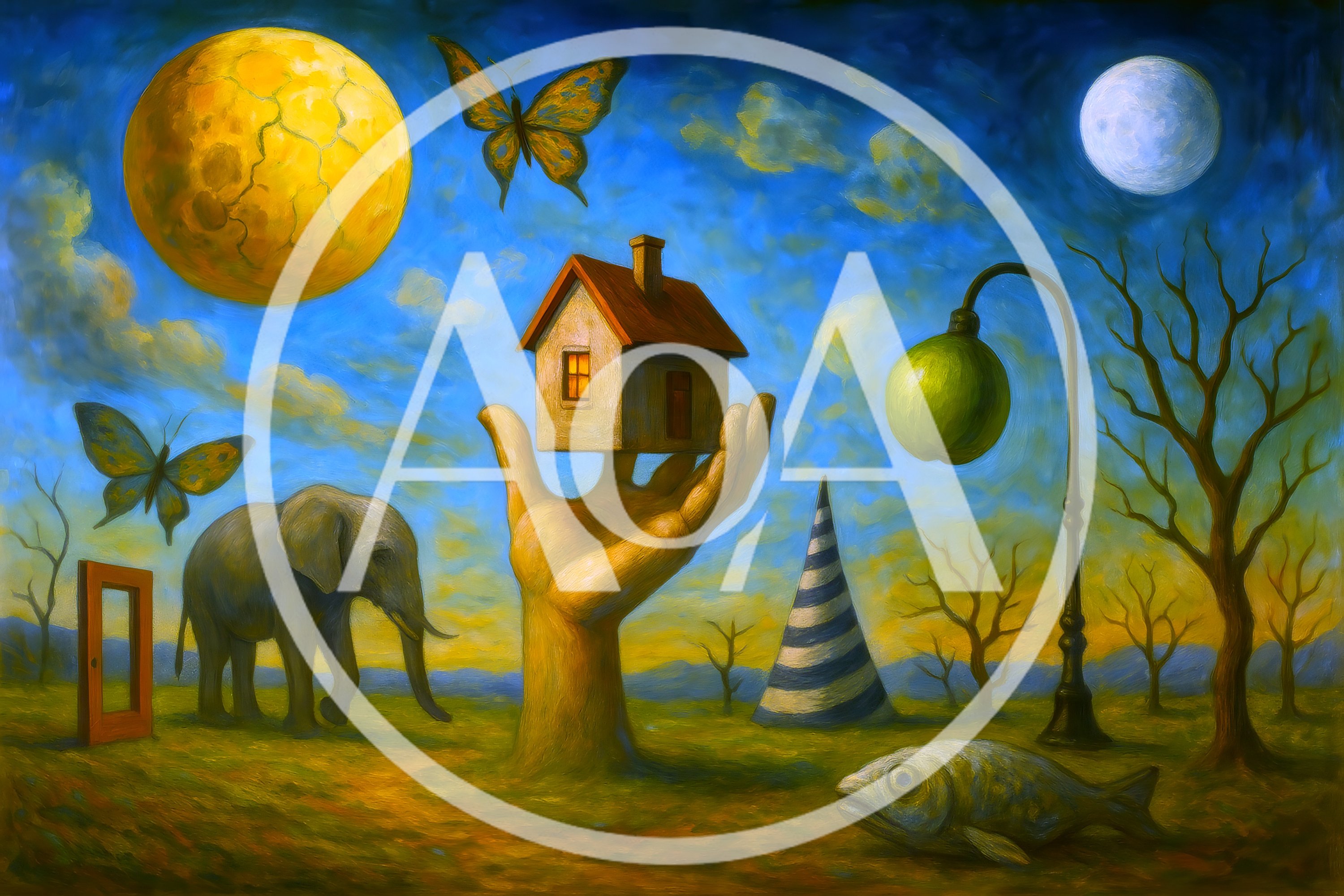 Surreal Painting Featuring A Giant Hand Holding A House