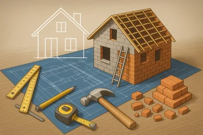 Miniature House Model Construction Project On Blueprint