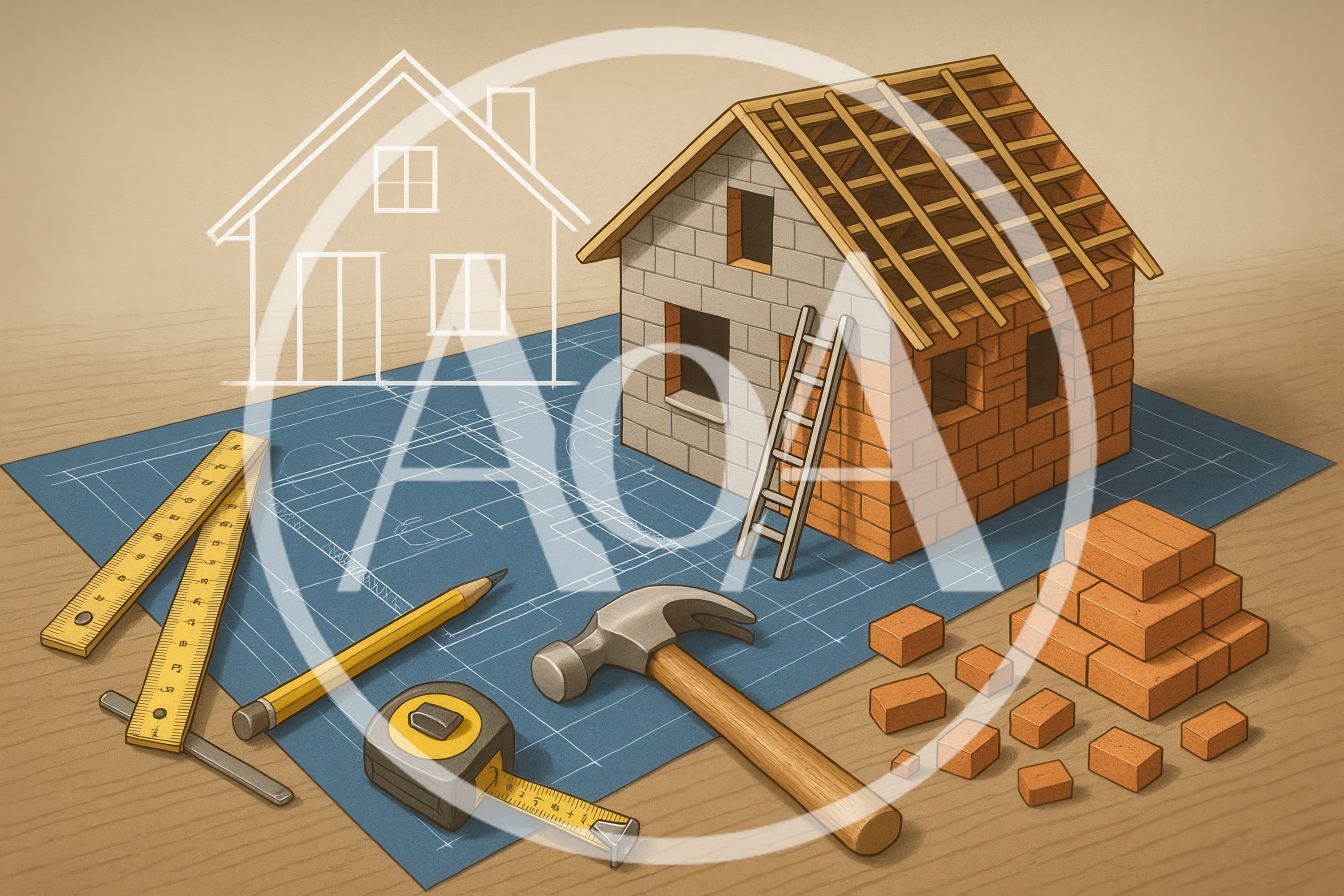 Miniature House Model Construction Project On Blueprint