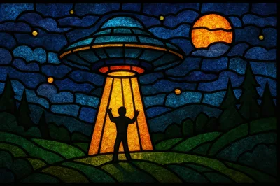 Stained Glass UFO Abduction Scene With Human Silhouette
