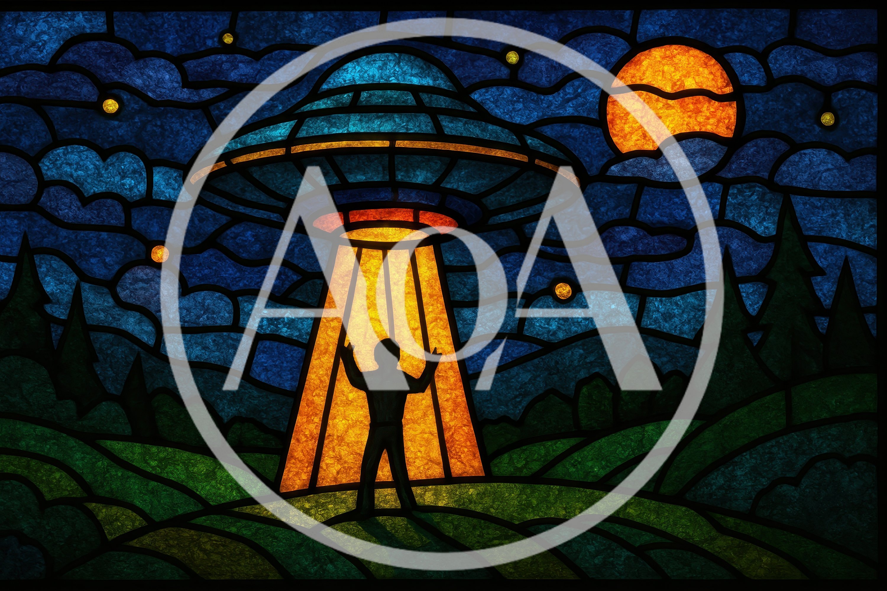 Stained Glass UFO Abduction Scene With Human Silhouette