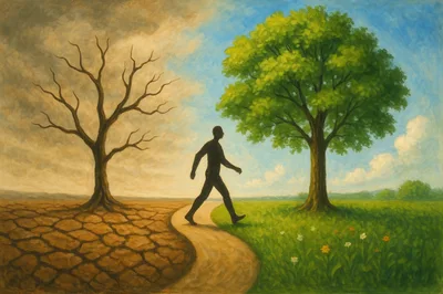 Conceptual Illustration Of A Person Walking Between Two Worlds