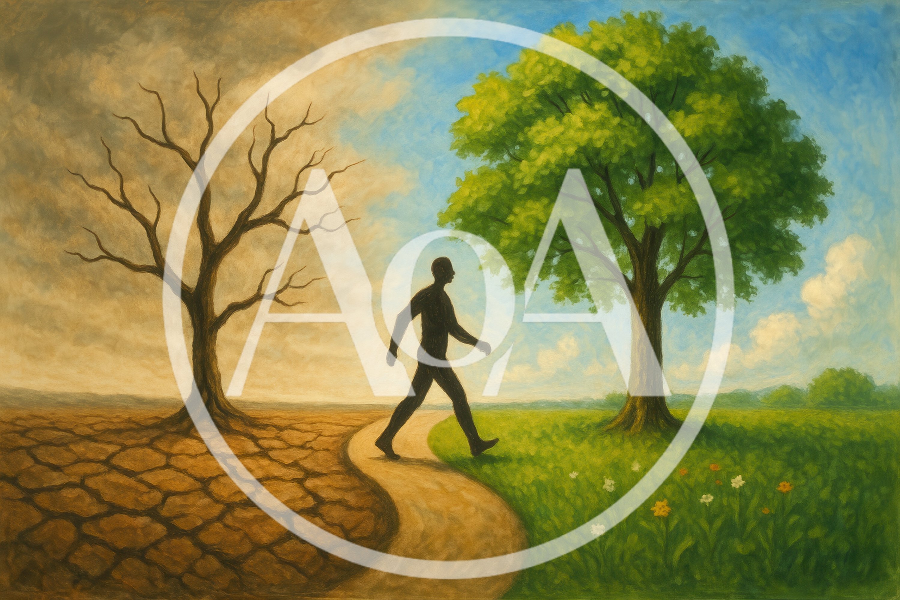 Conceptual Illustration Of A Person Walking Between Two Worlds