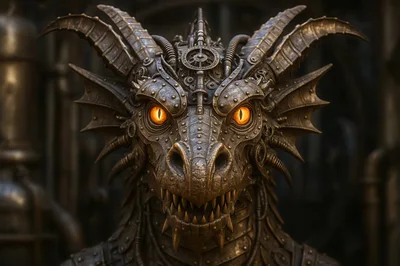 Steampunk Mechanical Dragon Head Portrait