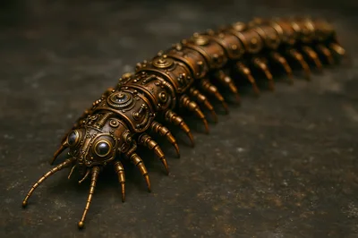 Steampunk Mechanical Centipede Sculpture On Dark Surface