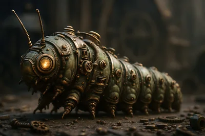 Steampunk Mechanical Caterpillar Crawling on Industrial Ground
