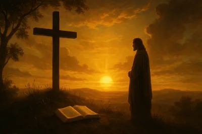 Jesus Standing Before A Cross At Sunset