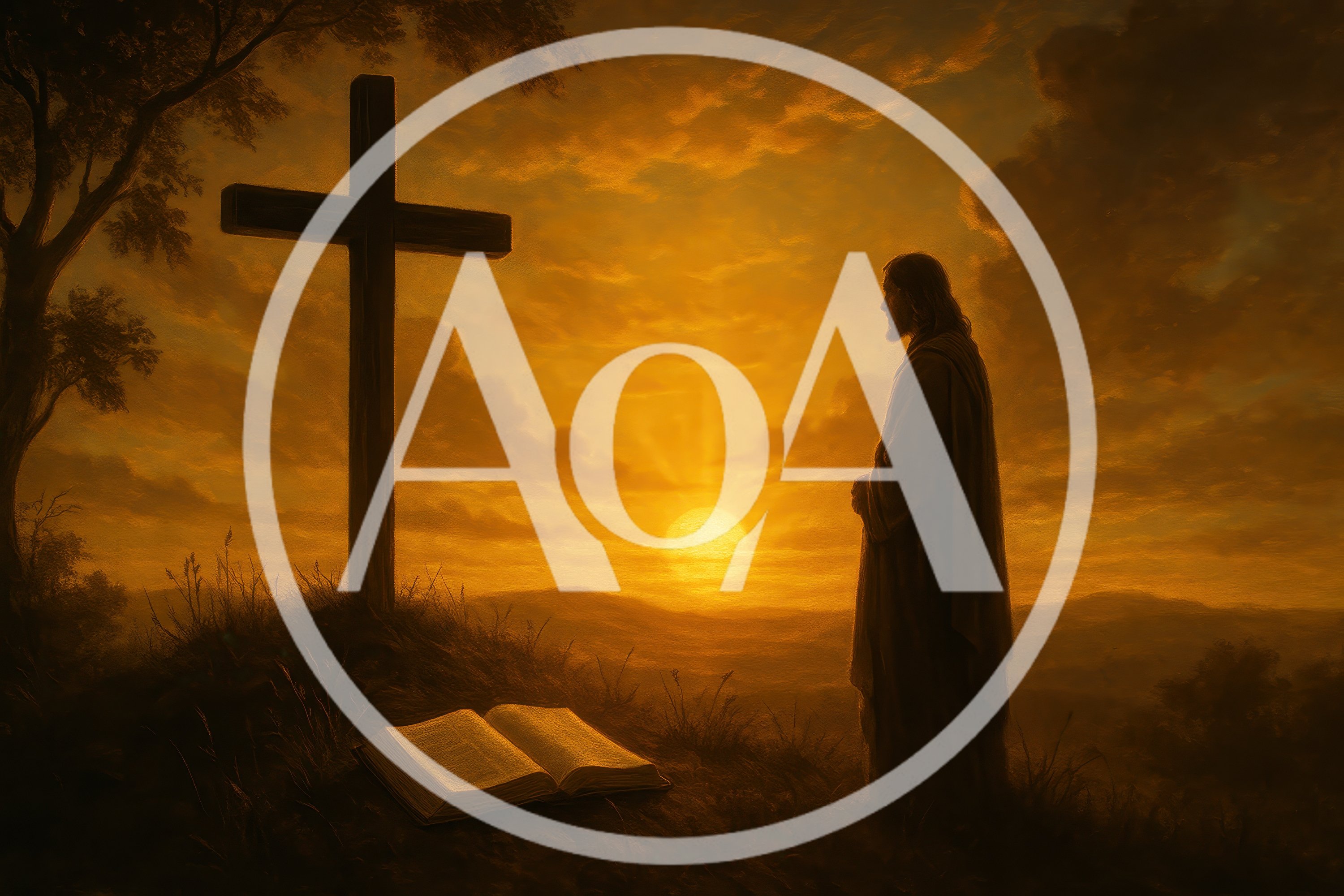 Jesus Standing Before A Cross At Sunset