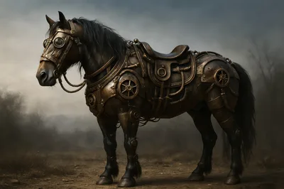 Steampunk Armored Horse Standing In Misty Landscape