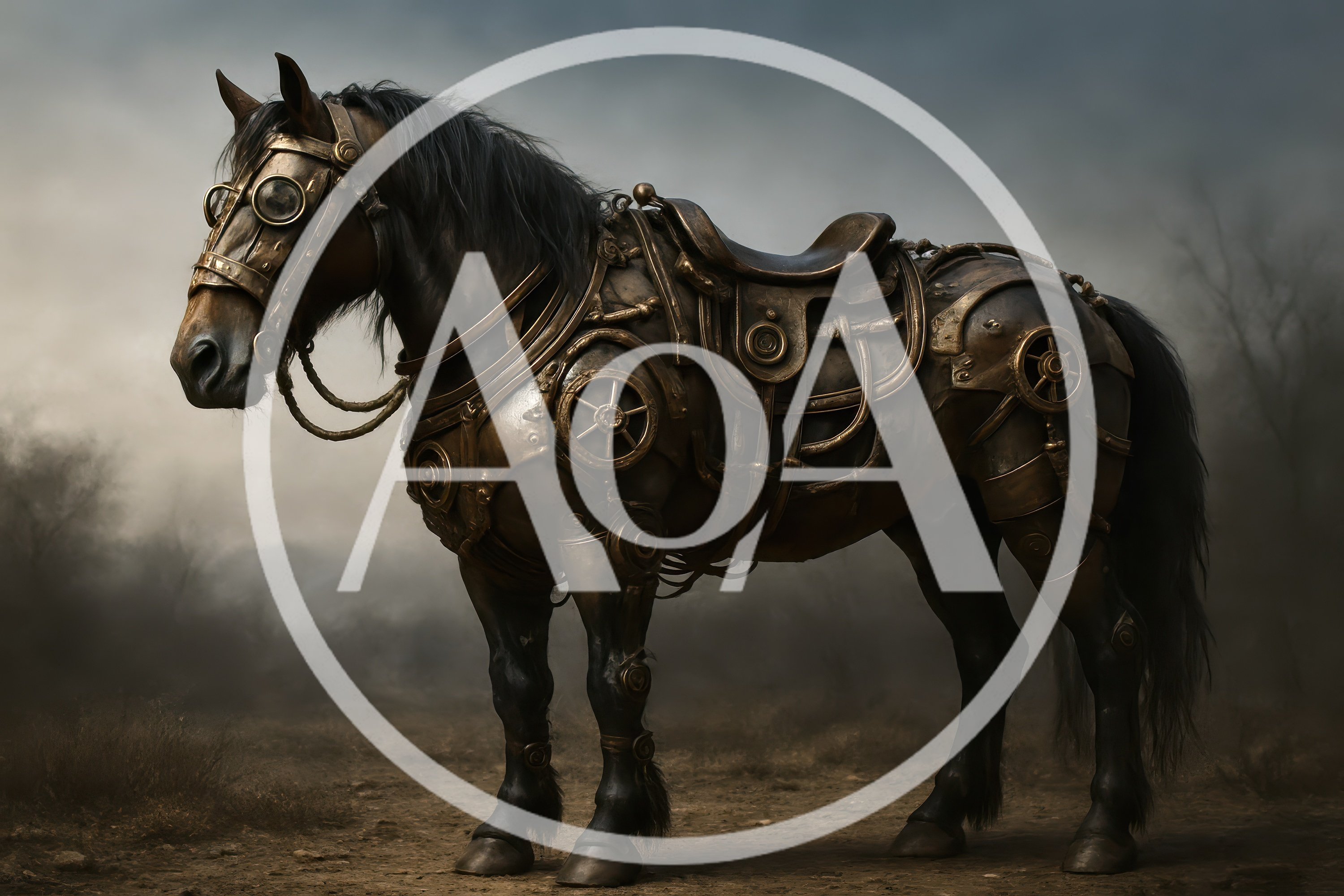 Steampunk Armored Horse Standing In Misty Landscape