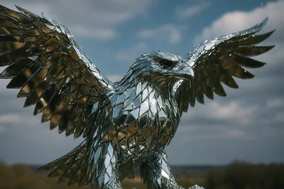 Reflective Mirrored Eagle Sculpture Against Cloudy Sky
