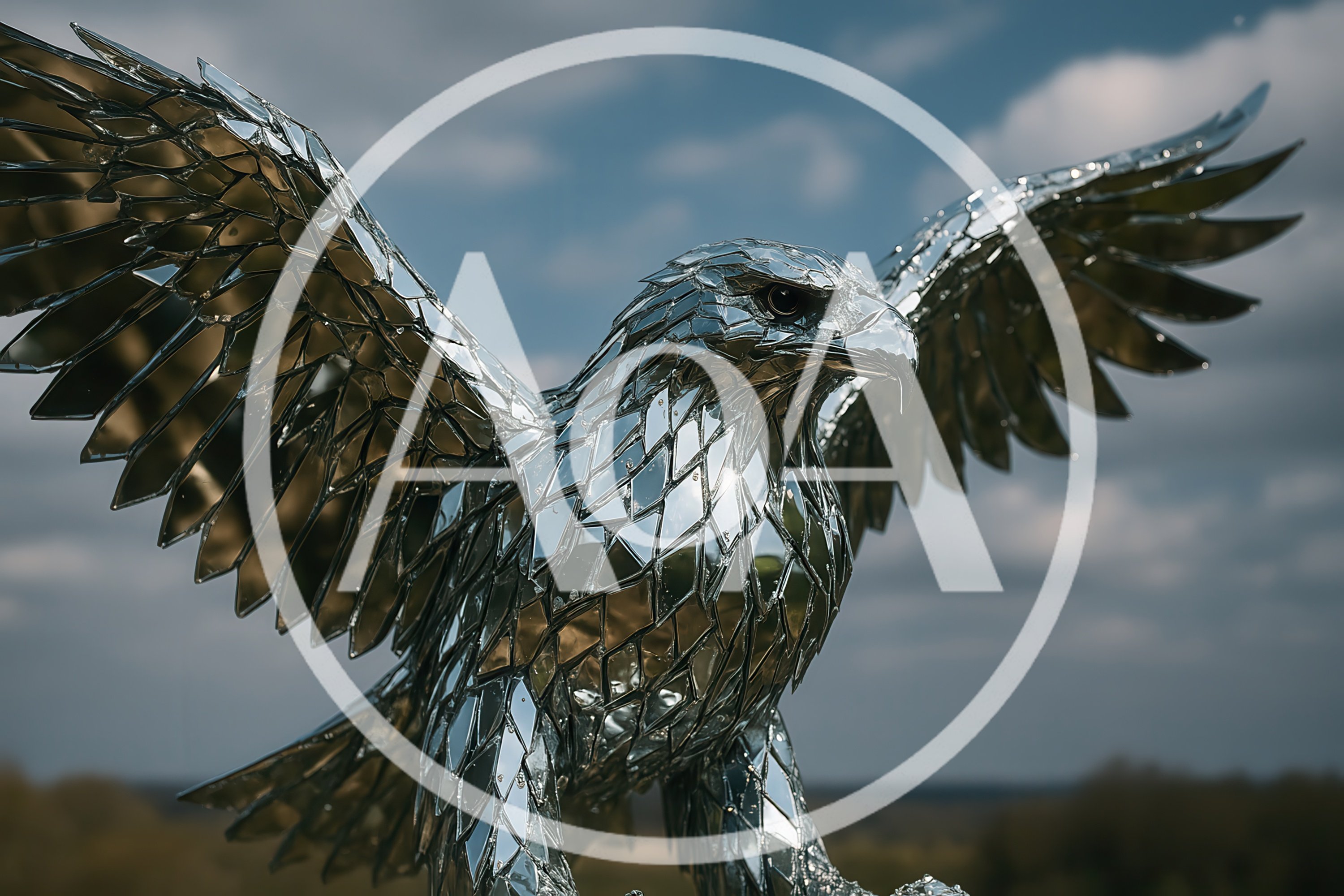 Reflective Mirrored Eagle Sculpture Against Cloudy Sky
