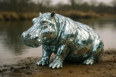 Mirrored Mosaic Hippo Sculpture On Riverbank