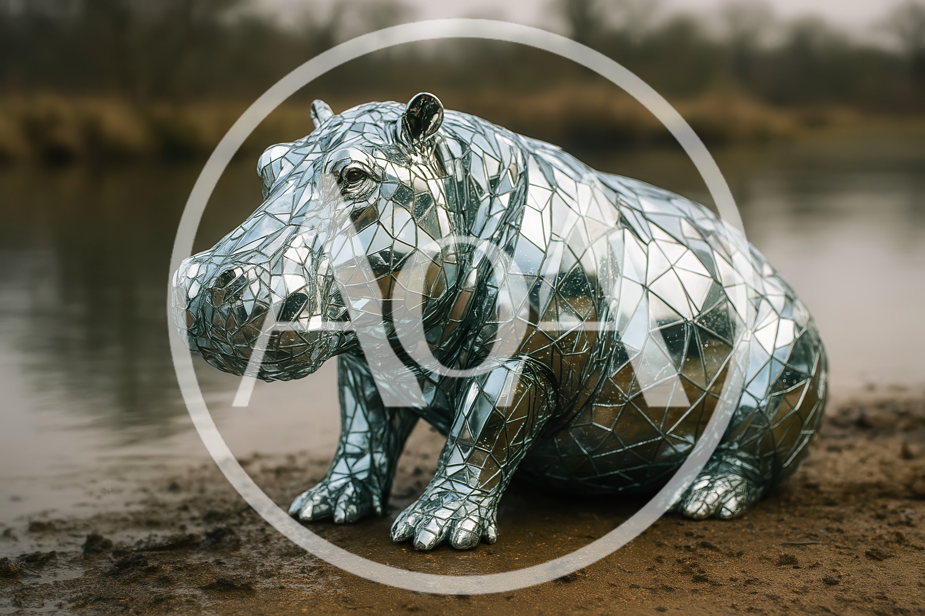 Mirrored Mosaic Hippo Sculpture On Riverbank