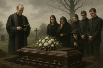 Mourners Attending A Solemn Funeral Service At A Cemetery