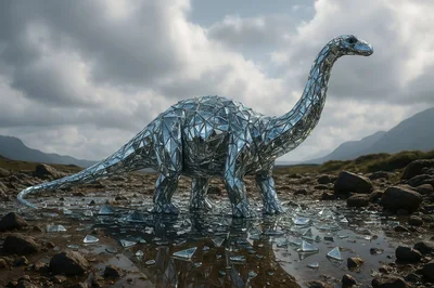 Mirrored Geometric Dinosaur Sculpture In A Rocky Landscape