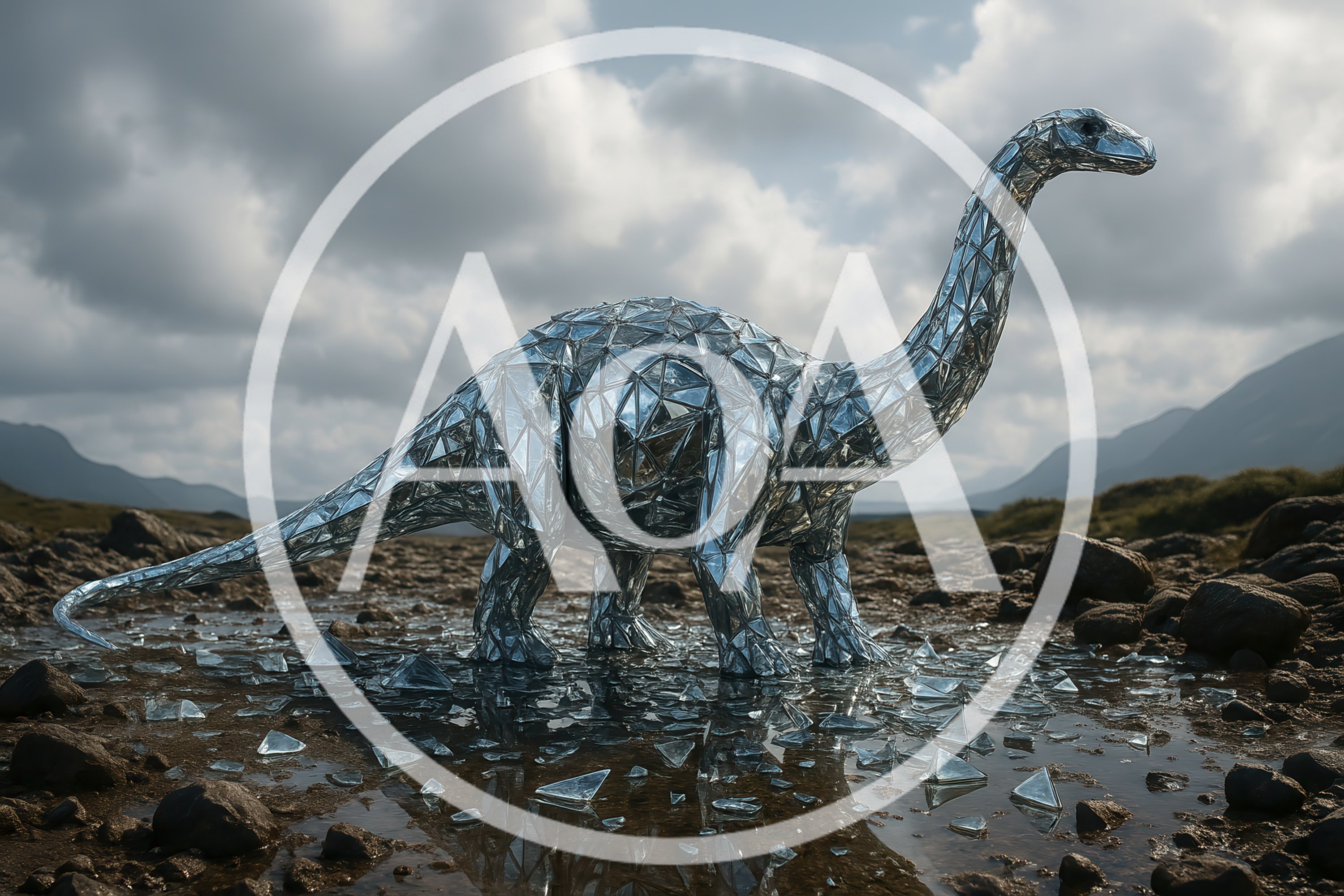 Mirrored Geometric Dinosaur Sculpture In A Rocky Landscape