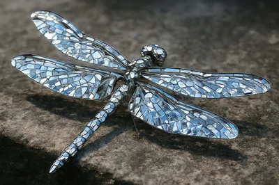Silver Dragonfly Sculpture Resting On A Stone Surface